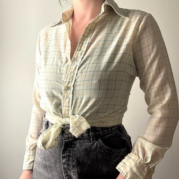 Tops - Vintage David Ferguson lightweight yellow & cream plaid checked button up shirt